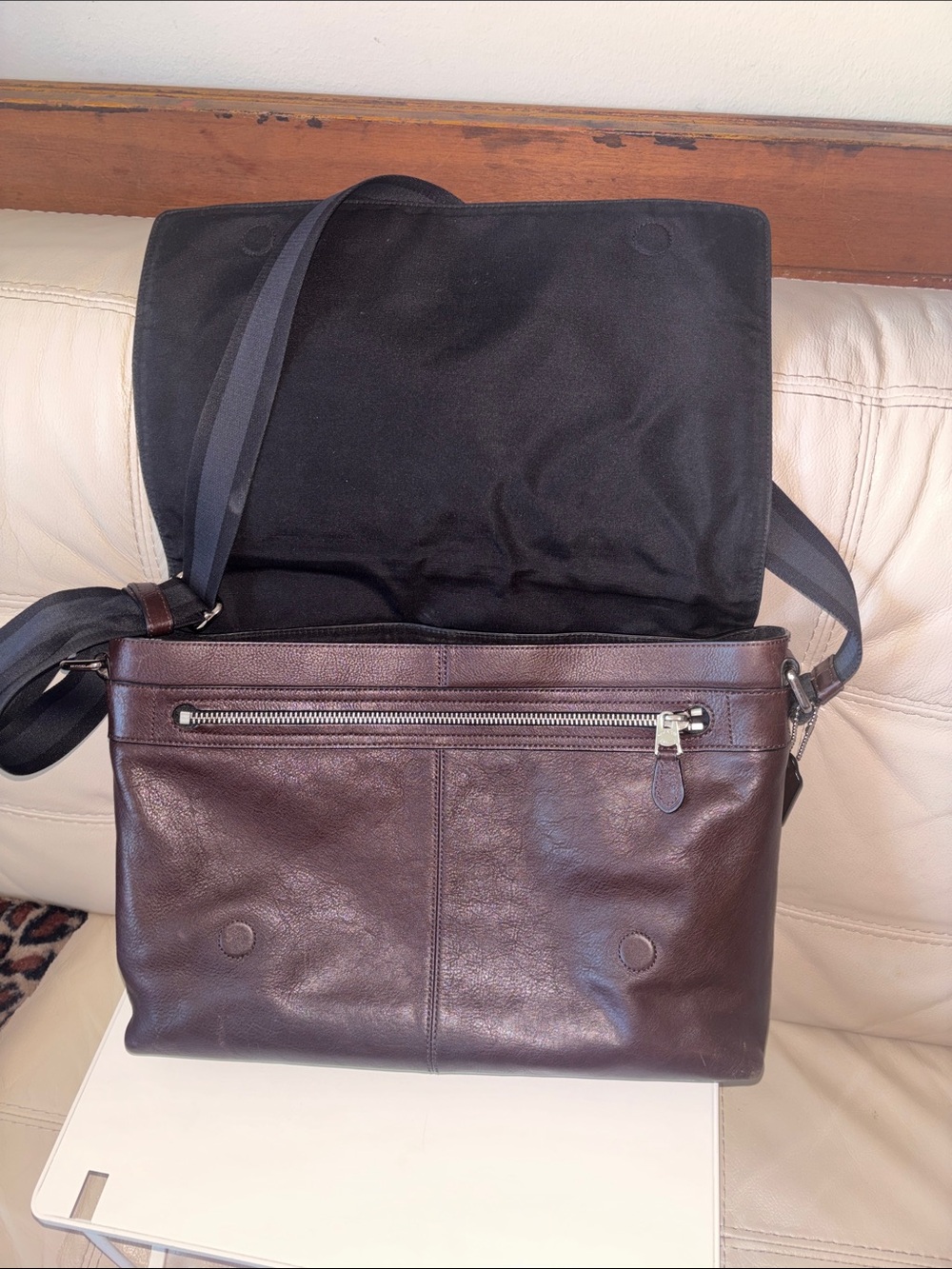 Coach Men's Brown Leather Messenger Bag with Stripe Strap - Picture 7 of 15